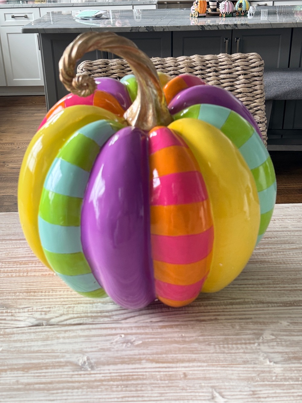 Colorful Striped Ceramic Pumpkin with Gold Stem - Multicolor Holiday Decor
